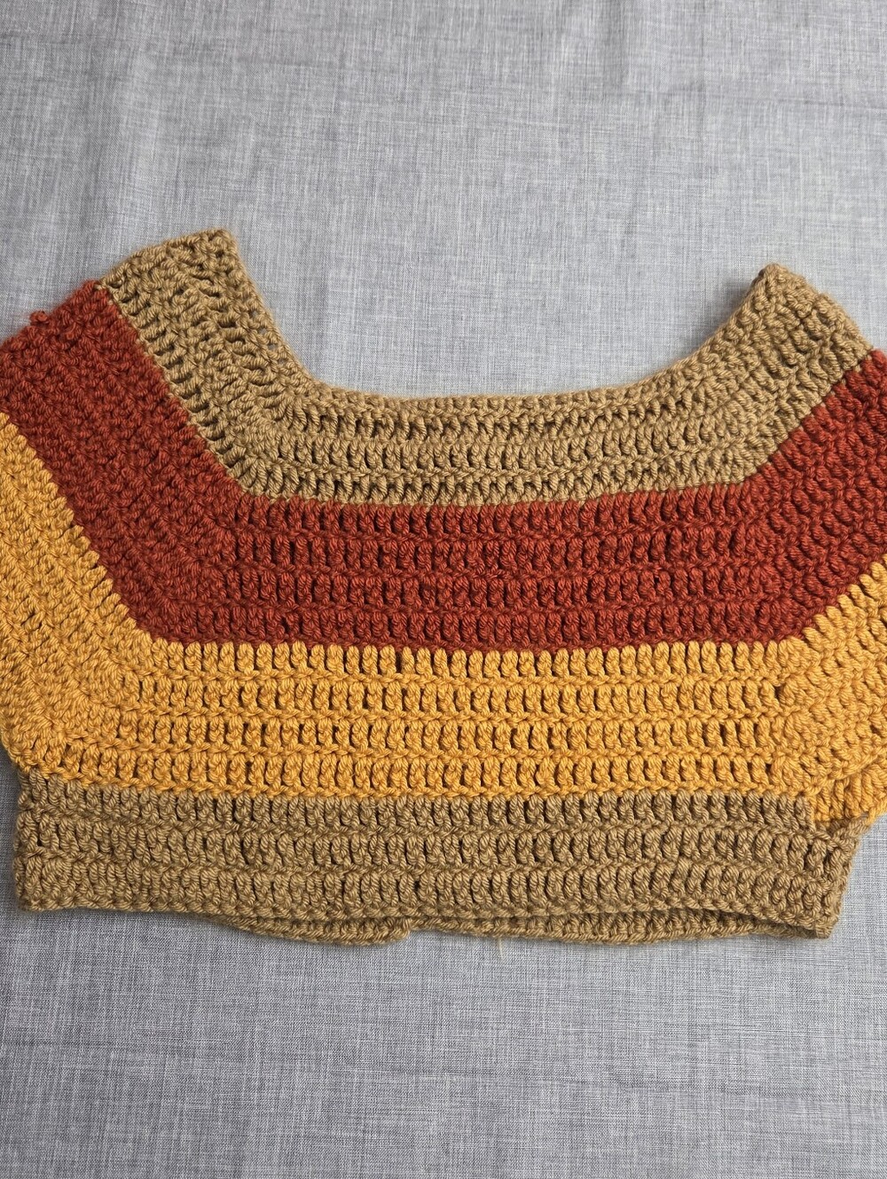 Handmade Crochet Crop Top Cap Sleeve Size Medium/Small Tan, Brick Red And Gold.